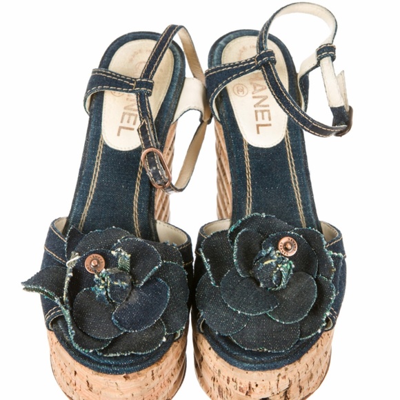Chanel Camelia Denim Wedge Sandals - Picture 1 of 4